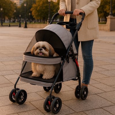 Détail du compartiment confortable de la poussette pour chien âgé