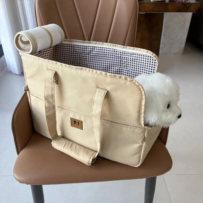 Sac transport chien vue latérale avec poche de rangement pratique
